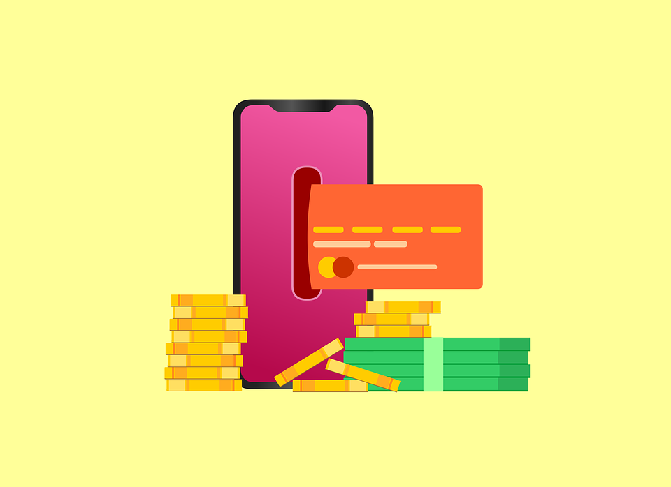 Animated Image of a Mobile with a Card Insert Containing a Credit Card, A Stack of Dollar Bills and Coins